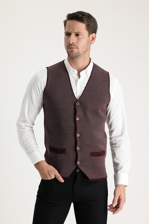 Koyu Bordo Slim Fit Dar Kesim Desenli Pamuklu Triko Yelek
