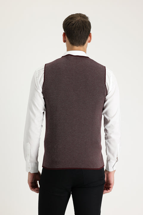 Koyu Bordo Slim Fit Dar Kesim Desenli Pamuklu Triko Yelek