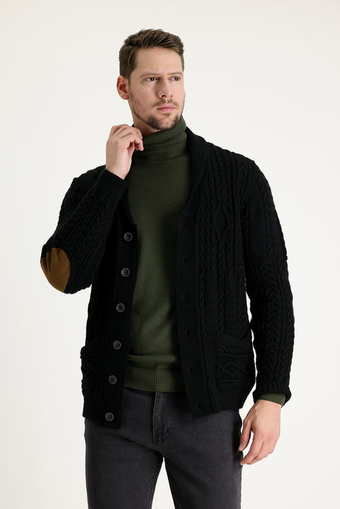 Siyah Regular Fit Yünlü Triko Hırka