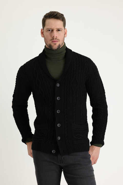 Siyah Regular Fit Yünlü Triko Hırka