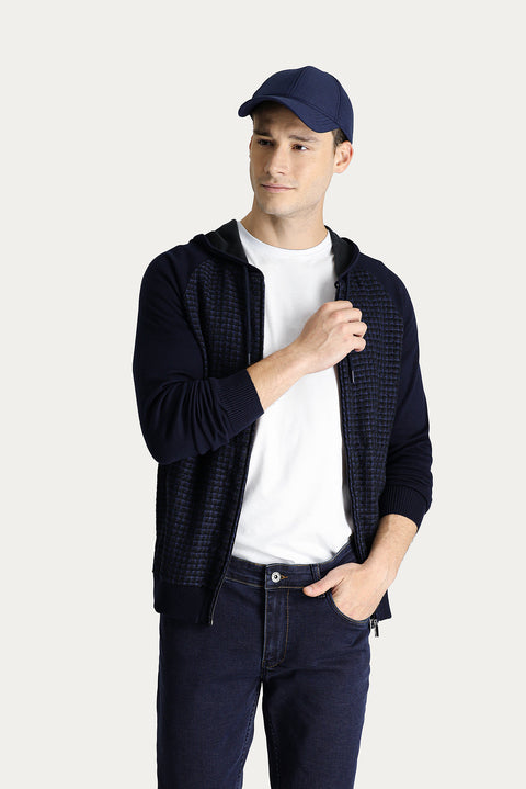 Orta Lacivert Kapüşonlu Fermuarlı Pamuklu Triko Hırka