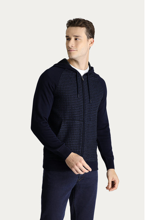 Orta Lacivert Kapüşonlu Fermuarlı Pamuklu Triko Hırka