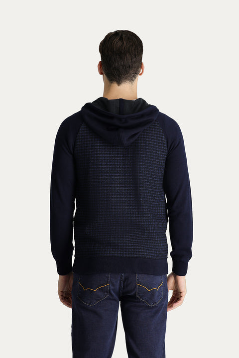 Orta Lacivert Kapüşonlu Fermuarlı Pamuklu Triko Hırka