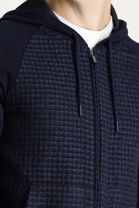 Orta Lacivert Kapüşonlu Fermuarlı Pamuklu Triko Hırka