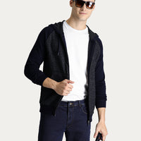 Koyu Lacivert Kapüşonlu Fermuarlı Pamuklu Triko Hırka