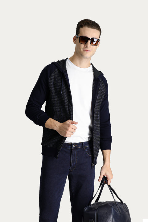 Koyu Lacivert Kapüşonlu Fermuarlı Pamuklu Triko Hırka