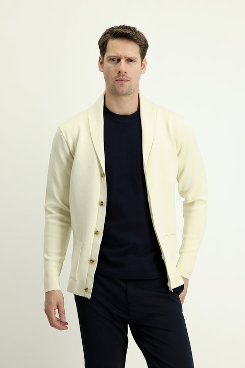 Ekru Slim Fit Dar Kesim Triko Hırka