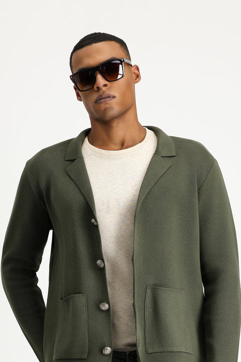 Orta Haki Slim Fit Dar Kesim Pamuklu Triko Hırka