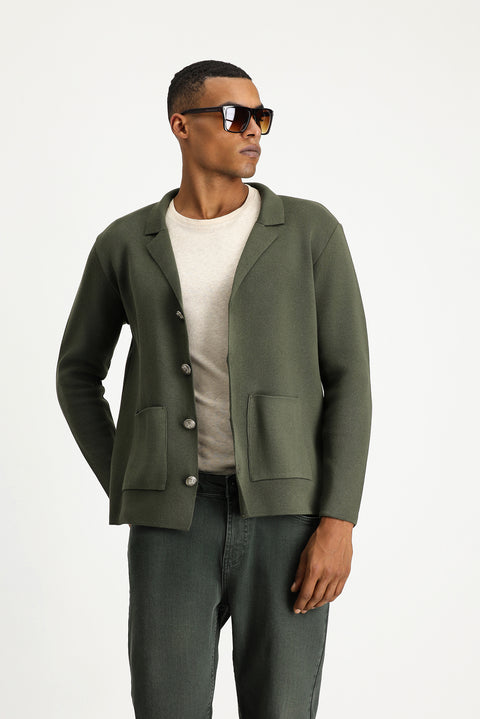 Orta Haki Slim Fit Dar Kesim Pamuklu Triko Hırka