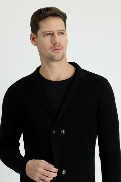 Siyah Regular Fit Pamuklu Cepli Kruvaze Triko Hırka