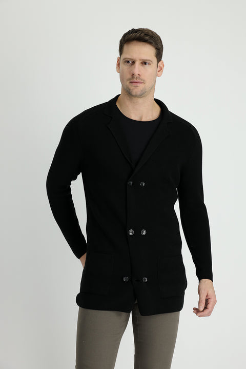 Siyah Regular Fit Pamuklu Cepli Kruvaze Triko Hırka