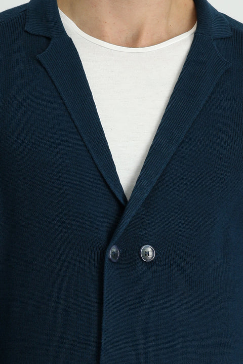 Orta Petrol Regular Fit Pamuklu Cepli Kruvaze Triko Hırka