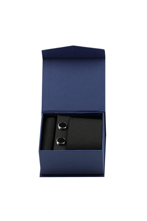 Siyah 3'lü Kravat & Mendil & Kol Düğmesi Seti