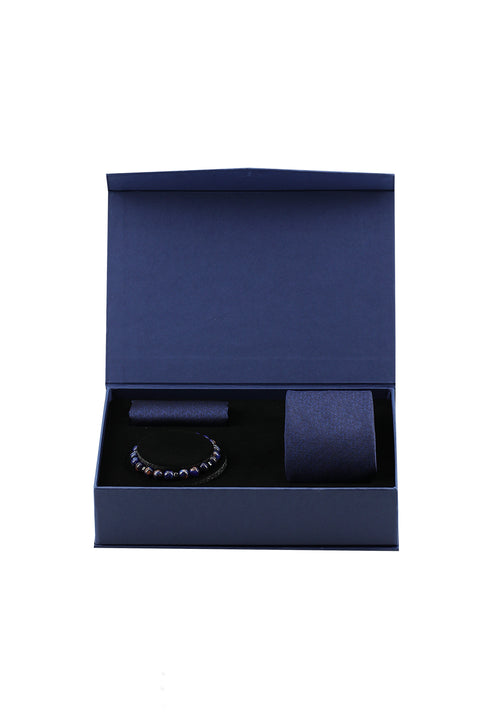 Koyu Lacivert 3'lü Kravat & Mendil & Bileklik Seti