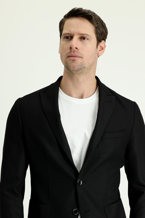 Siyah 7 Drop Slim Fit Dar Kesim Desenli Spor Ceket