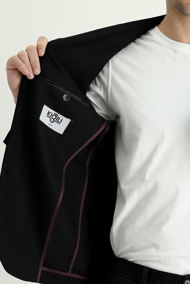 Siyah Slim Fit Dar Kesim Desenli Spor Ceket