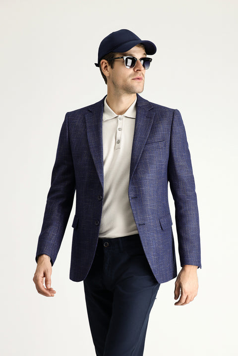 Koyu Lacivert 6 Drop Regular Fit Standart Kesim Yünlü Klasik Desenli Ceket