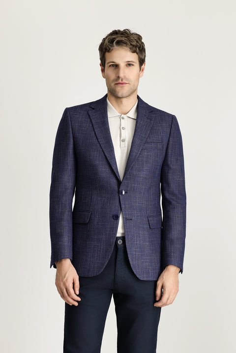 Koyu Lacivert 6 Drop Regular Fit Standart Kesim Yünlü Klasik Desenli Ceket