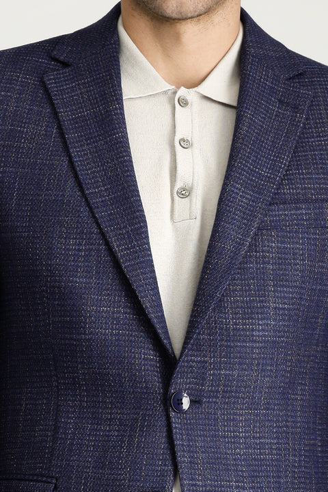 Koyu Lacivert 6 Drop Regular Fit Standart Kesim Yünlü Klasik Desenli Ceket
