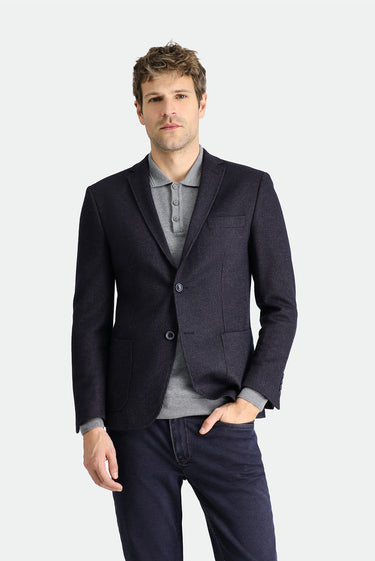 Koyu Lacivert Super Slim Fit Ekstra Dar Kesim Yünlü Çizgili Örme Ceket