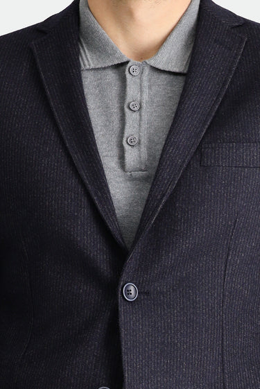 Koyu Lacivert Super Slim Fit Ekstra Dar Kesim Yünlü Çizgili Örme Ceket