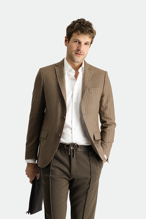 Koyu Vizon 7 Drop Super Slim Fit Eksra Dar Kesim Yünlü Klasik Çizgili Ceket