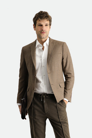  Koyu Vizon 7 Drop Super Slim Fit Eksra Dar Kesim Yünlü Klasik Çizgili Ceket