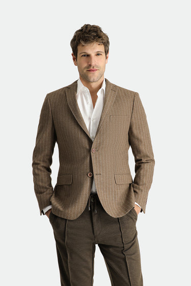  Koyu Vizon Super Slim Fit Ekstra Dar Kesim Yünlü Klasik Çizgili Ceket