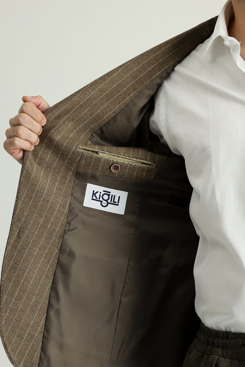 Koyu Vizon 7 Drop Super Slim Fit Eksra Dar Kesim Yünlü Klasik Çizgili Ceket