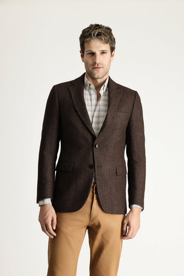 Koyu Kahve Slim Fit Dar Kesim Yünlü Klasik Desenli Ceket