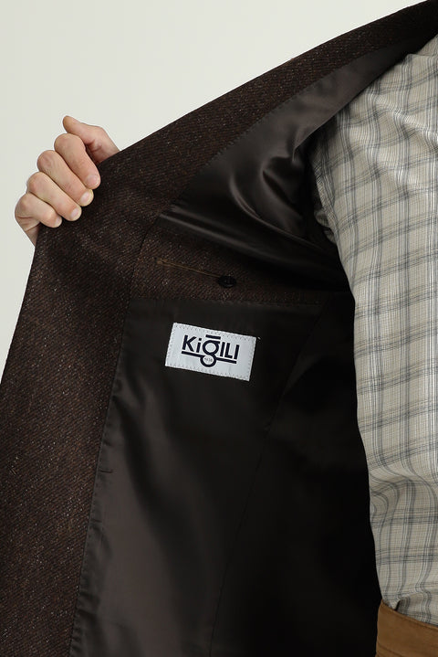 Koyu Kahve 7 Drop Slim Fit Dar Kesim Yünlü Klasik Desenli Ceket