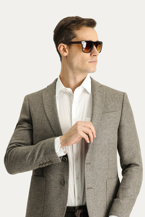 Orta Kahve 7 Drop Super Slim Fit Eksra Dar Kesim Yünlü Desenli Spor Ceket