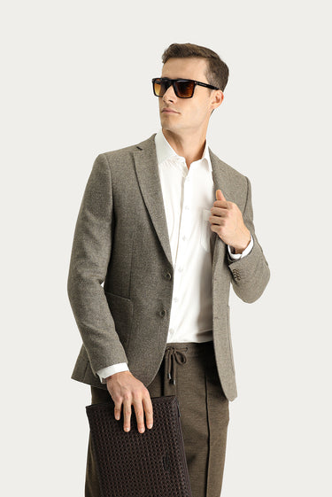 Orta Kahve Super Slim Fit Ekstra Dar Kesim Yünlü Desenli Spor Ceket