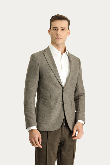 Orta Kahve Super Slim Fit Ekstra Dar Kesim Yünlü Desenli Spor Ceket
