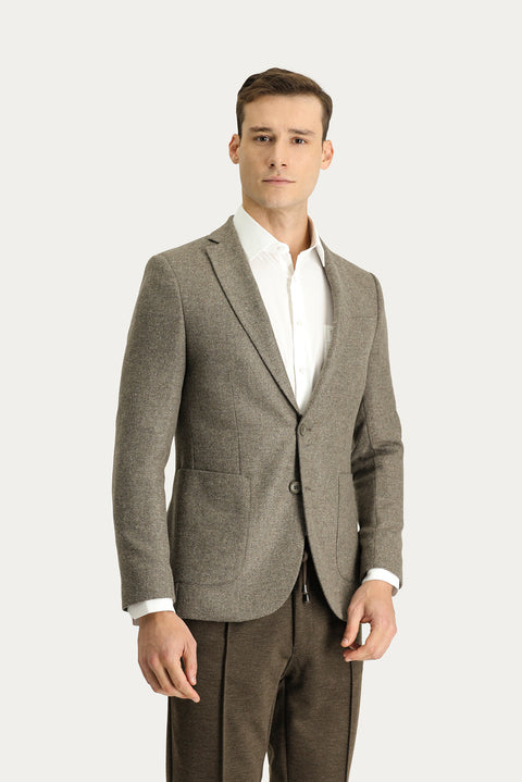 Orta Kahve 7 Drop Super Slim Fit Eksra Dar Kesim Yünlü Desenli Spor Ceket
