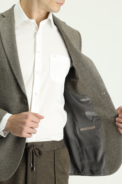 Orta Kahve 7 Drop Super Slim Fit Eksra Dar Kesim Yünlü Desenli Spor Ceket