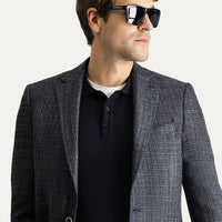 Orta Lacivert Regular Fit Yünlü Desenli Spor Ceket