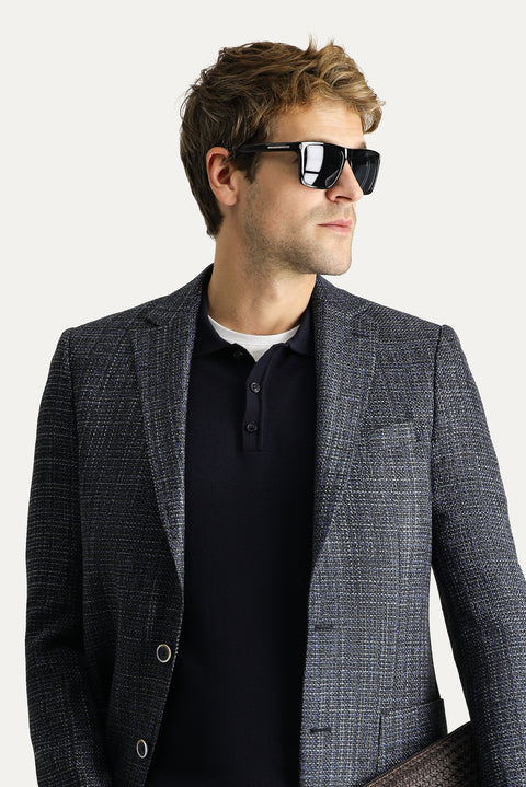 Orta Lacivert 6 Drop Regular Fit Standart Kesim Yünlü Desenli Spor Ceket