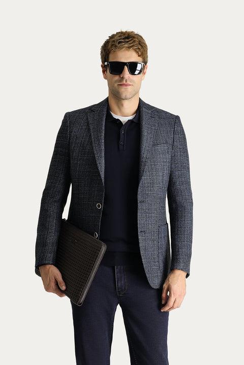 Medium Navy 8 Drop Muscle Fit Long Athletic Cut Wool Patterned Sport Jacket