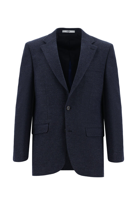 Orta Lacivert 4 Drop Relaxed Fit Rahat Kesim Yünlü Desenli Klasik Ceket