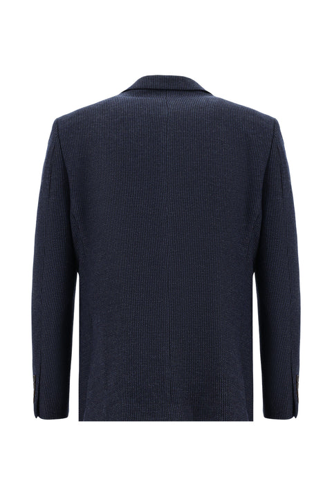 Orta Lacivert 4 Drop Relaxed Fit Rahat Kesim Yünlü Desenli Klasik Ceket