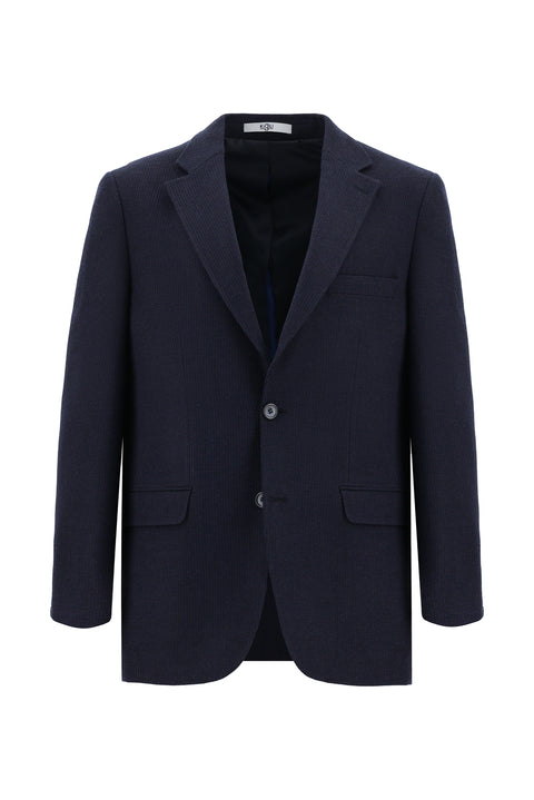Koyu Lacivert 4 Drop Relaxed Fit Rahat Kesim Yünlü Desenli Klasik Ceket