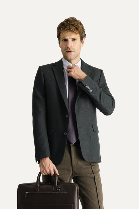 Dark Khaki 4-Drop Relaxed Fit Classic Wool Patterned Jacket