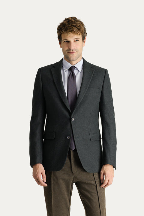 Koyu Haki 4 Drop Relaxed Fit Rahat Kesim Yünlü Desenli Klasik Ceket