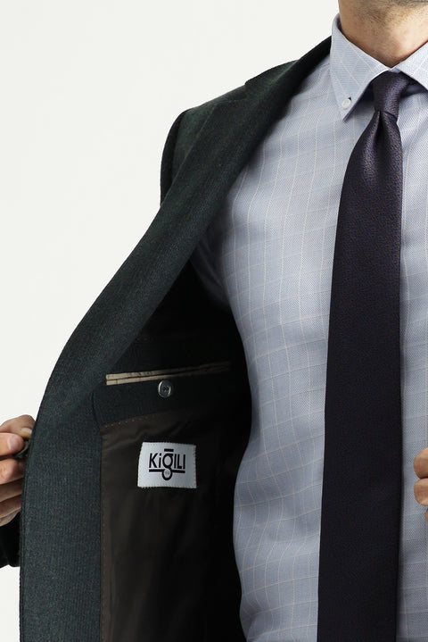 Koyu Haki 6 Drop Regular Fit Standart Kesim Yünlü Desenli Klasik Ceket