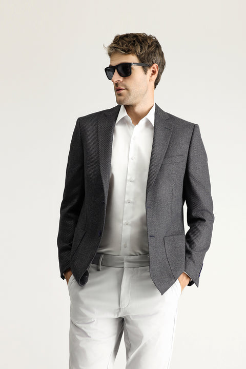 Koyu Antrasit 7 Drop Slim Fit Dar Kesim Desenli Ceket