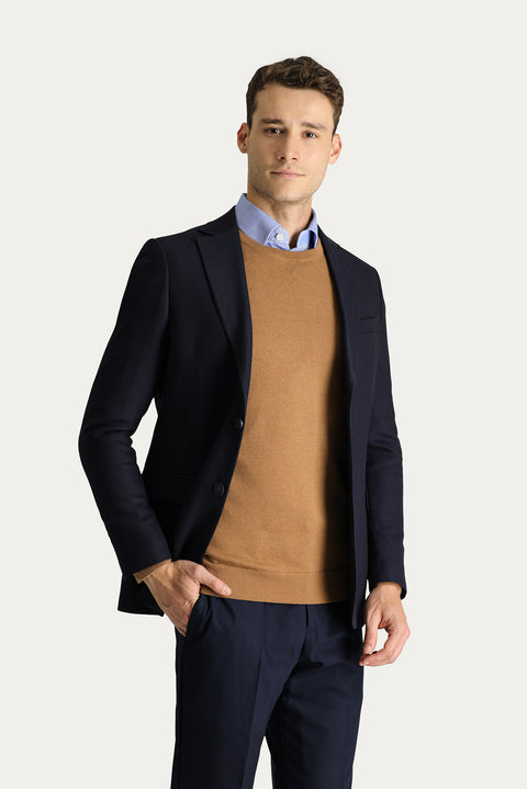 Koyu Lacivert 7 Drop Slim Fit Dar Kesim Yünlü Klasik Desenli Ceket