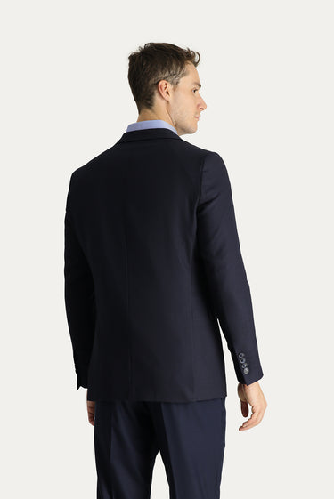 Koyu Lacivert Slim Fit Dar Kesim Yünlü Klasik Desenli Ceket