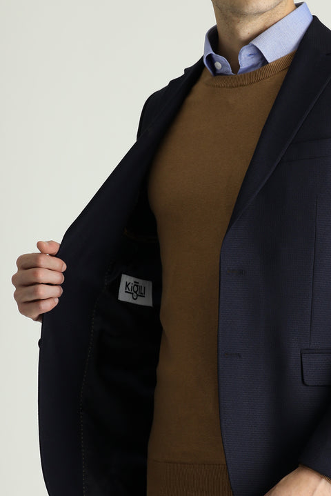 Koyu Lacivert 7 Drop Slim Fit Dar Kesim Yünlü Klasik Desenli Ceket