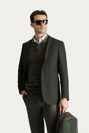 Koyu Haki Relaxed Fit Rahat Kesim Yünlü Klasik Desenli Ceket